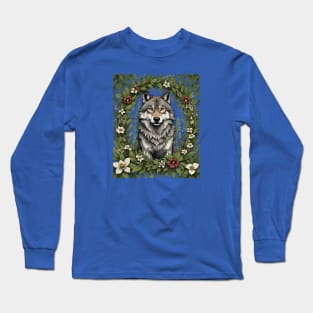 Minnesota Wolf Surrounded By Lady's Slipper Flowers 3 Long Sleeve T-Shirt